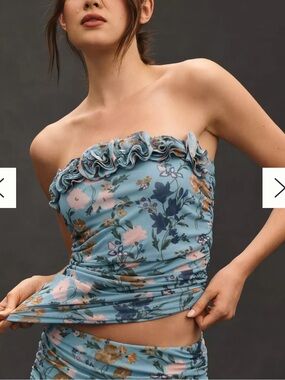 Anthropologie Blue Floral gathered Strapless Camisole